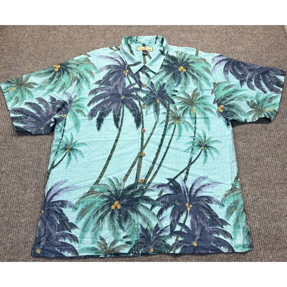 Tommy Bahama Mens XL Silk Camp Shirt Blue Palm Tree Tropical Button Down